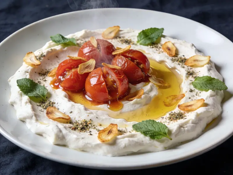 Labneh with Sizzled Tomatoes with yogurt, tomato and garlic — Lebanon recipe