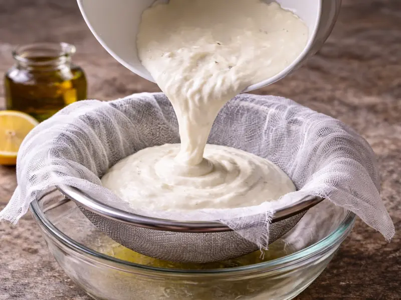 Salted yogurt draining into labneh in a muslin-lined sieve set over a bowl