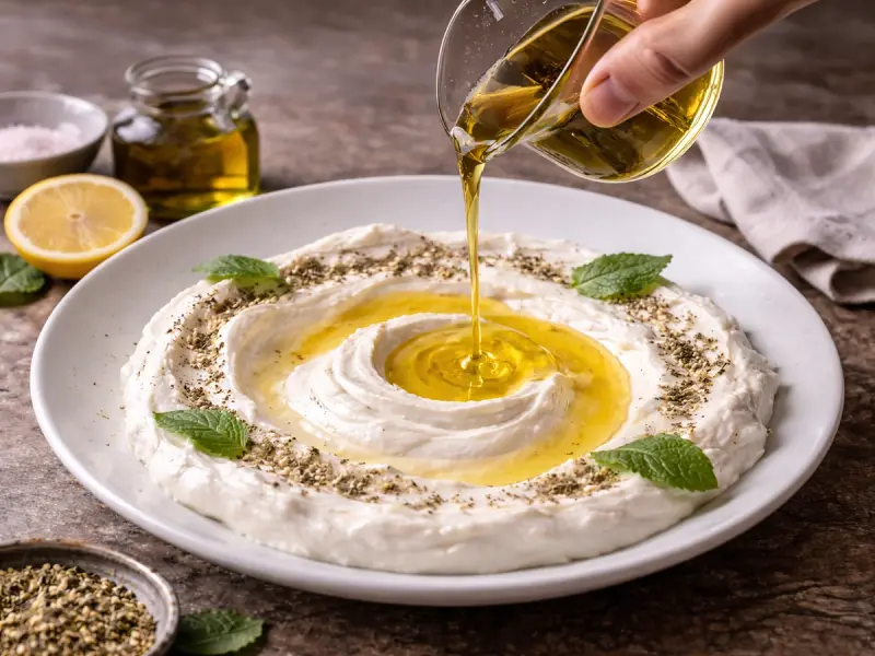 Cold labneh spread across a wide shallow plate with a hollow left in the middle