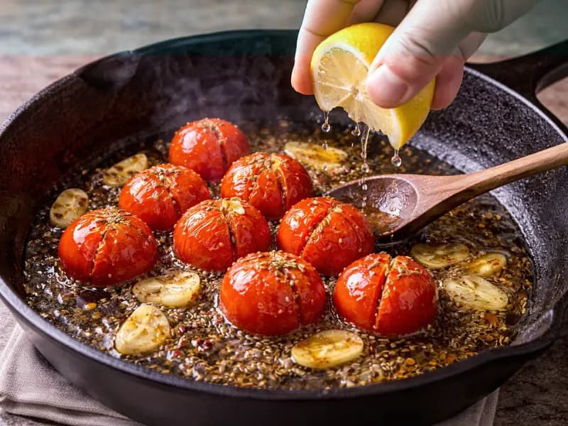 Cherry tomatoes blistering in hot olive oil with cumin seeds and garlic chips