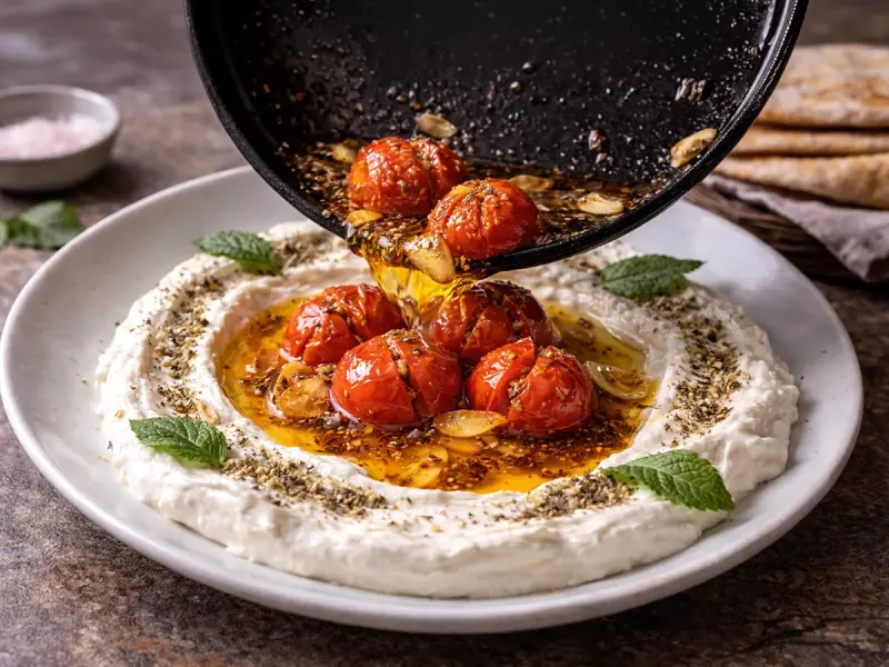 Sizzling tomatoes and their oil poured over the cold labneh, topped with za'atar