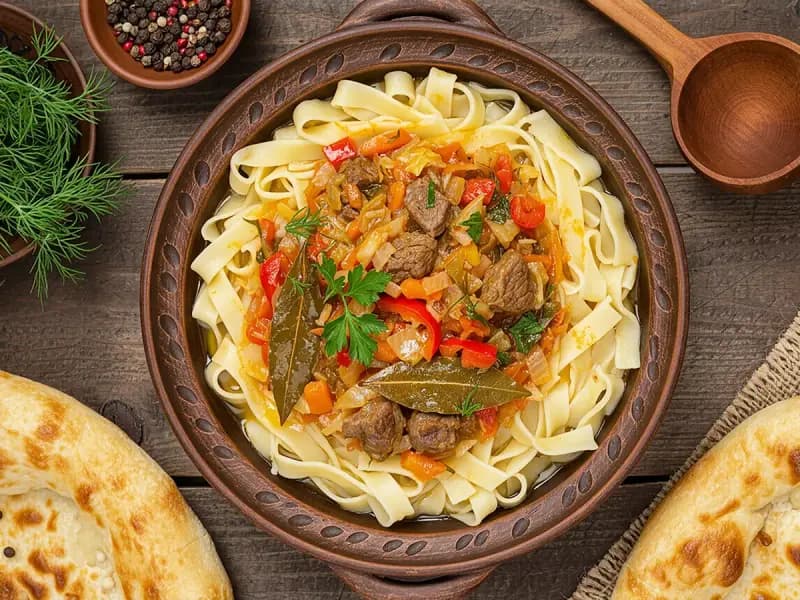 Lagman with noodles, meat and onion — Uzbekistan recipe