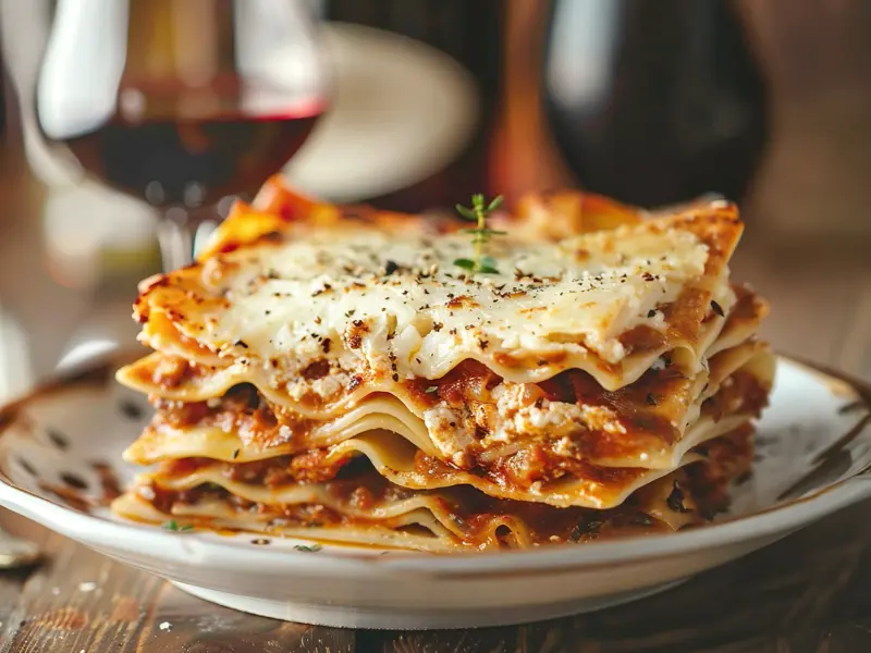 Lasagna with lasagna pasta, ground beef and ricotta — Italy recipe