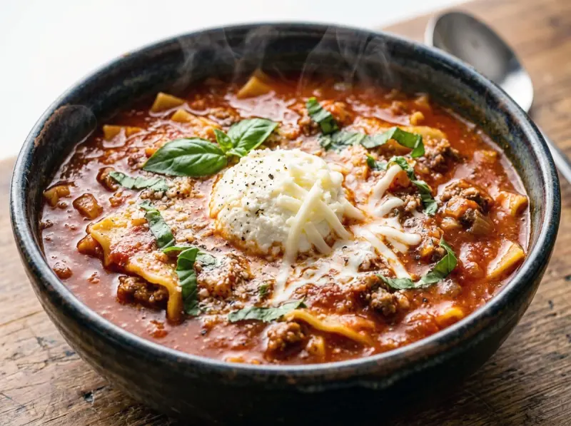 Lasagna Soup with ground beef, lasagna noodles and canned crushed tomatoes — Italy recipe