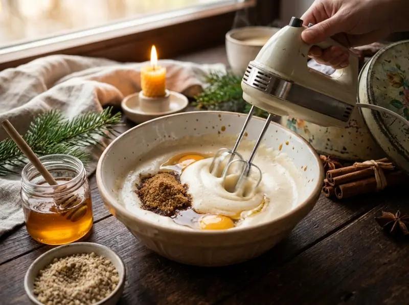 Beating eggs, brown sugar and honey with a hand mixer into a pale thick foam for Lebkuchen