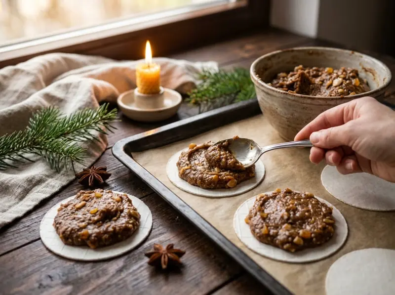 Spooning domed mounds of nutty Lebkuchen mixture with candied peel onto round Oblaten wafers on a tray
