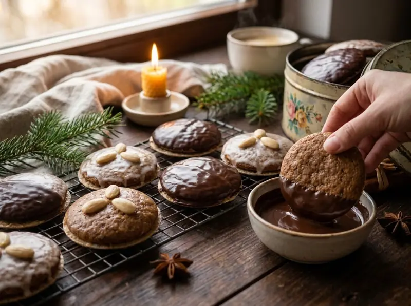 Dipping a baked Elisenlebkuchen into melted dark chocolate, glazed ones cooling on a wire rack