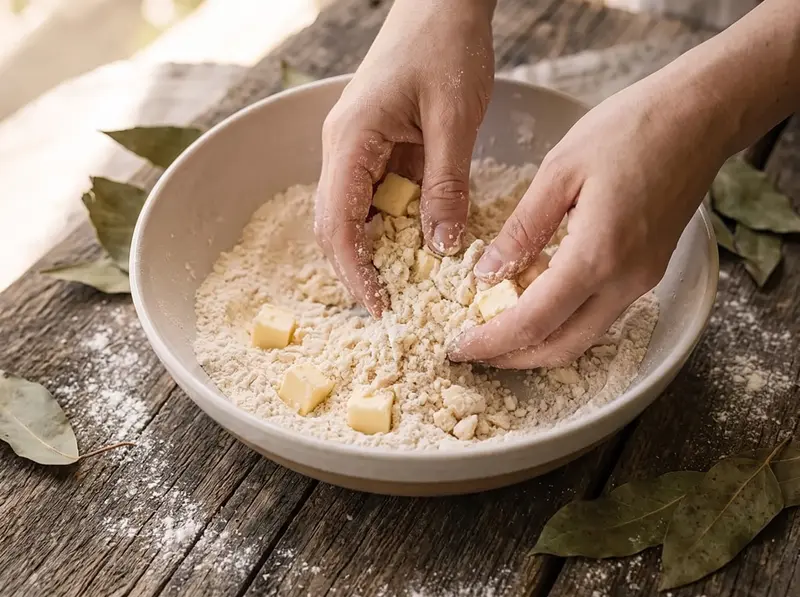 Mantequilla fría integrada en la harina en migas gruesas para el pan lembas