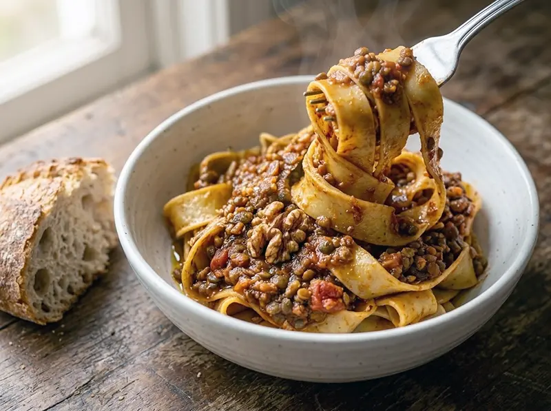 Lentil Bolognese with red lentils, crushed tomatoes and tomato paste — Italy recipe