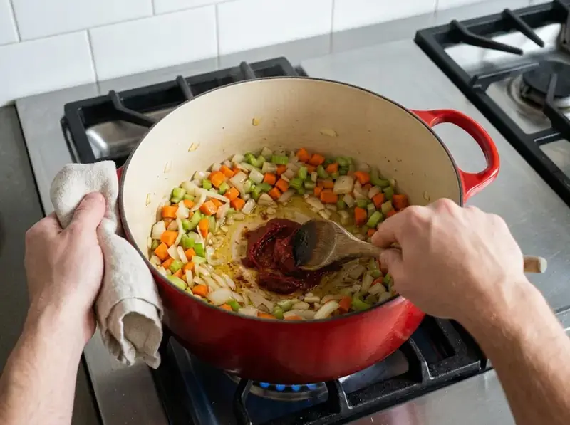 Bolognese di lenticchie: il concentrato di pomodoro frigge al centro della pentola smaltata, cipolla, carota e sedano ai lati