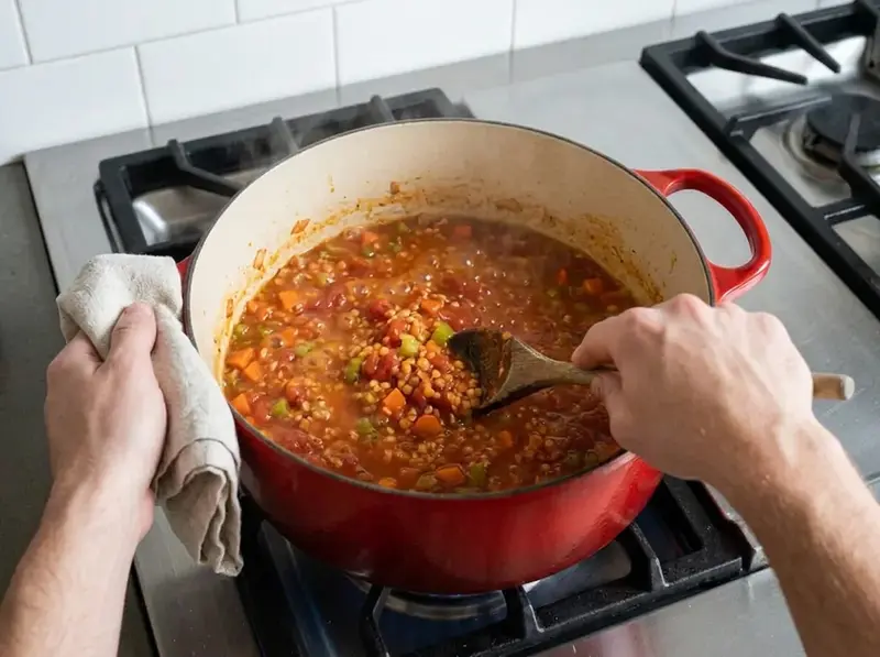 Bolognese di lenticchie: un cucchiaio di legno mescola sugo denso di lenticchie rosse, pomodoro e verdure in pentola smaltata