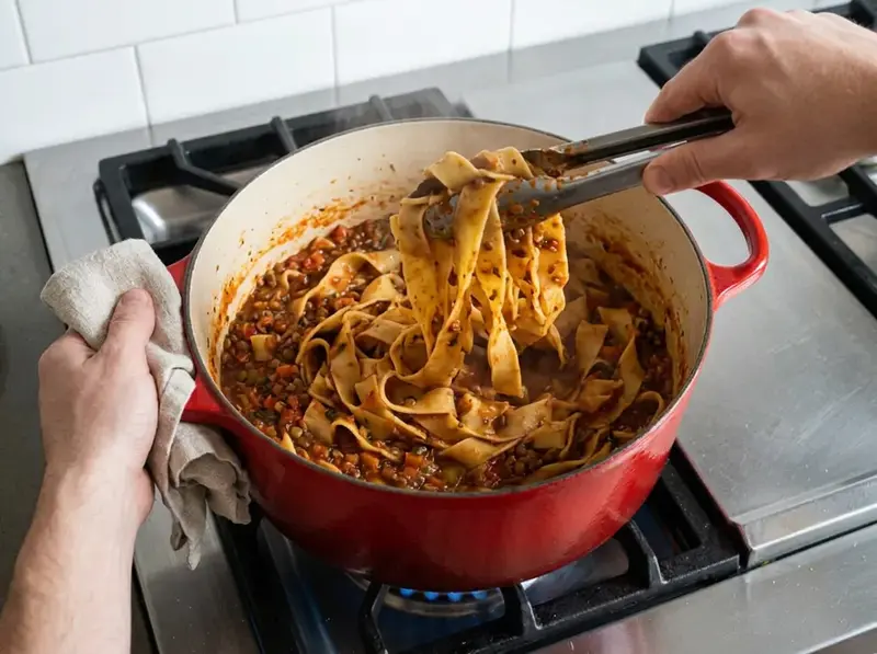 Bolognese di lenticchie: le pinze sollevano pappardelle avvolte in un denso sugo di lenticchie e pomodoro in una pentola