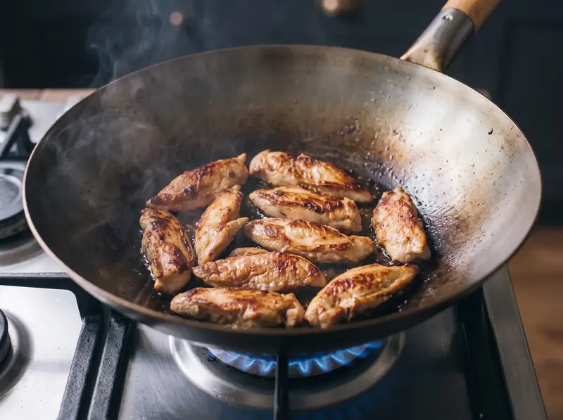 Lo mein: fettine di pollo rosolano in un solo strato nel wok rovente