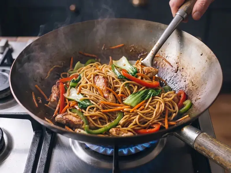 Lo Mein: una spatola gira gli spaghetti con carota, bok choy e peperone rosso e verde nella lucida salsa bruna