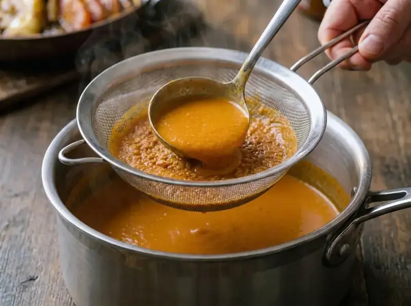 Blended lobster bisque pressed through a fine sieve with a ladle into a pot, smooth and orange