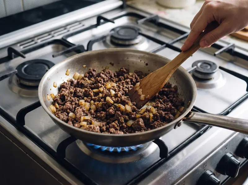 Pasta alla marinara russa: macinato che rosola con la cipolla dorata in padella sul gas, sbriciolato con la spatola