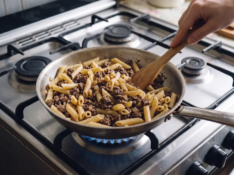 Pasta alla marinara russa: la pasta scolata finisce sul macinato e si mescola con la spatola sul fuoco