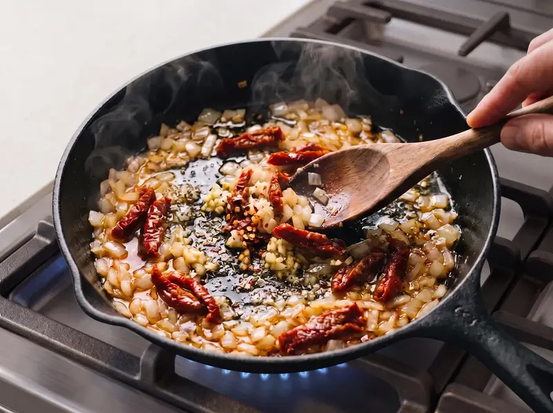Knoblauch, getrocknete Tomaten und Chiliflocken entfalten sich im Öl für die Bohnen