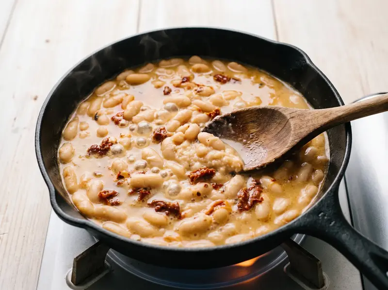 A quarter of the white beans mashed against the pan to thicken the sauce