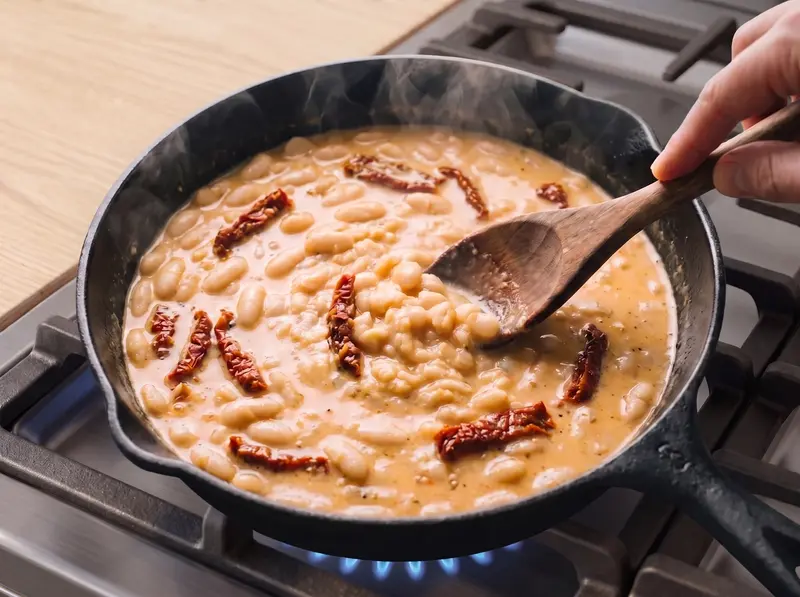 Cremige weiße Bohnen mit getrockneten Tomaten in einer gusseisernen Pfanne, ein Holzlöffel drückt einige an die Pfanne