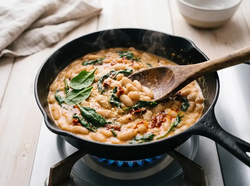 Baby spinach folded into the creamy white beans and wilted through