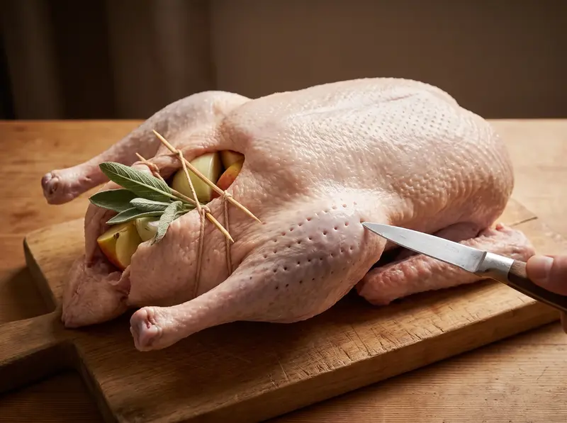 Rows of pricked holes across the thigh of a raw stuffed goose, the knife held almost flat to the skin