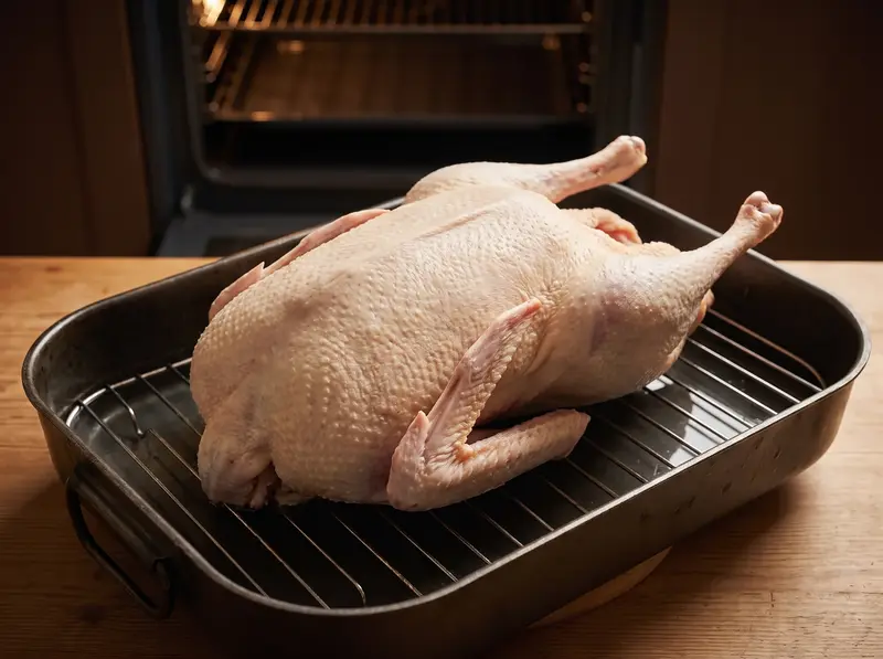 Raw goose lying breast-down on a rack over a roasting pan of water, back and wing joints facing up