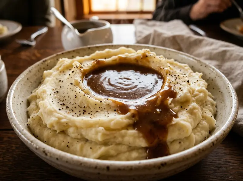 Puré de patatas con gravy (salsa de asado americana) — Platos de verduras y setas · EE. UU.
