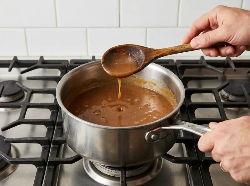 Gravy bruno per il purè di patate che vela il dorso di un cucchiaio di legno sollevato da un pentolino d'acciaio sul gas