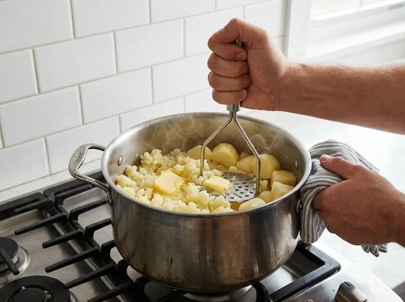 Patate lesse calde schiacciate con lo schiacciapatate in una pentola d'acciaio, con pezzetti di burro che si sciolgono sopra