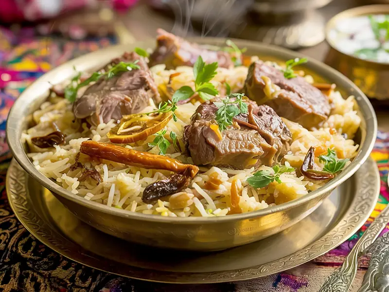 Meat Pulao with lamb, rice and onion — India recipe