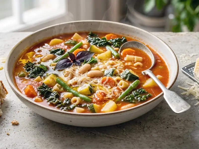 Minestrone with tomato, beans and onion — Italy recipe