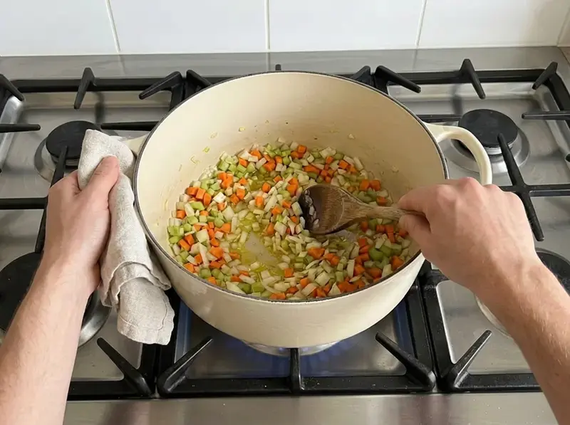 Minestrone: cipolla, carota e sedano a dadini si ammorbidiscono nell'olio in una pentola smaltata, cucchiaio di legno