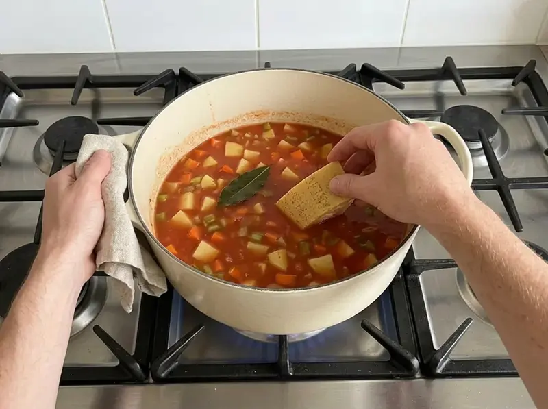 Minestrone: una mano immerge una crosta di parmigiano nel brodo di pomodoro con verdure e alloro in una pentola smaltata