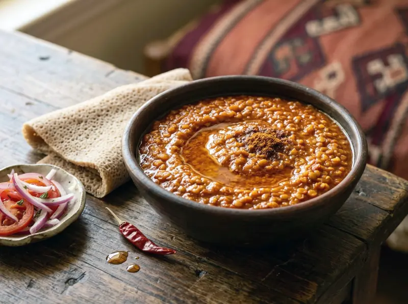 Misir Wot (Ethiopian Red Lentil Stew) with red split lentils, niter kibbeh and berbere spice — Ethiopia recipe
