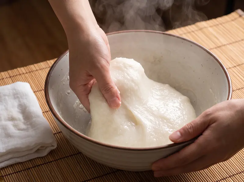Mochi: hot steamed glutinous rice kneaded by hand in a bowl into a smooth, glossy, elastic white paste