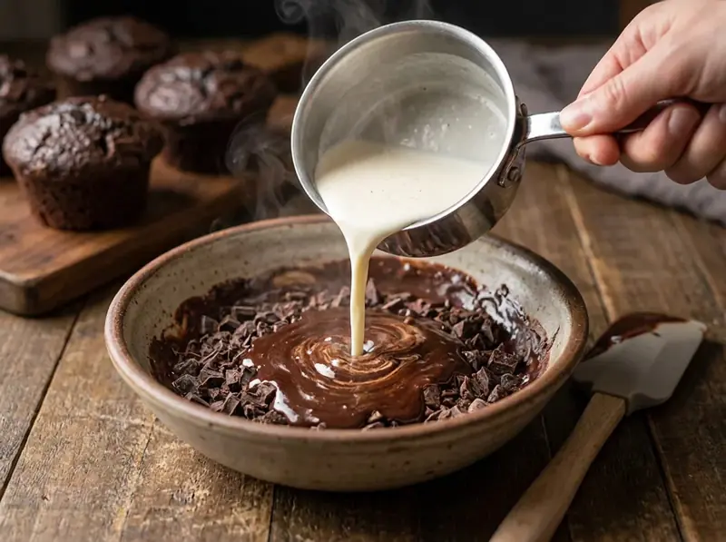 Panna calda versata su cioccolato fondente tritato in una ciotola per fare la ganache dei muffin fondenti