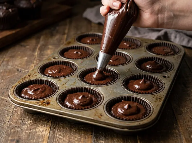 Ganache al cioccolato freddo dosata con sac à poche al centro dell'impasto nello stampo per muffin