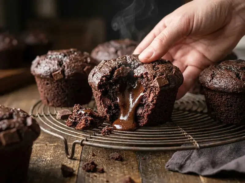 Muffin al cioccolato caldo aperto per mostrare la ganache fusa che cola dal centro