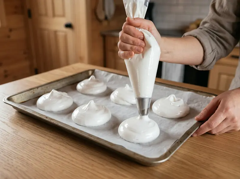 Mont Blanc meringue: a piping bag with a plain round tip pipes the last of six white meringue rounds onto parchment