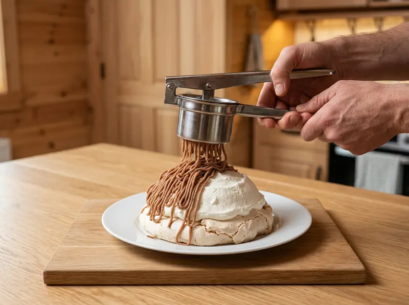 Mont Blanc: a potato ricer presses thin brown chestnut strands over a whipped cream dome on a meringue base