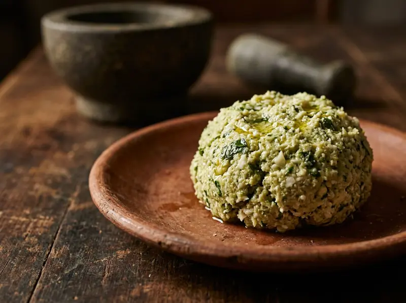 Moretum (Ancient Roman Garlic and Cheese Spread) with pecorino romano, garlic and celery — Italy recipe