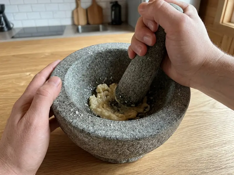 Garlic and coarse salt ground to a creamy paste in a stone mortar with a pestle for moretum