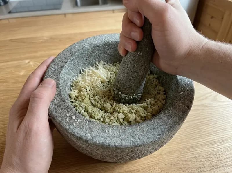Moretum mixture in a stone mortar, pale and crumbly with green flecks, a little grated cheese still on top