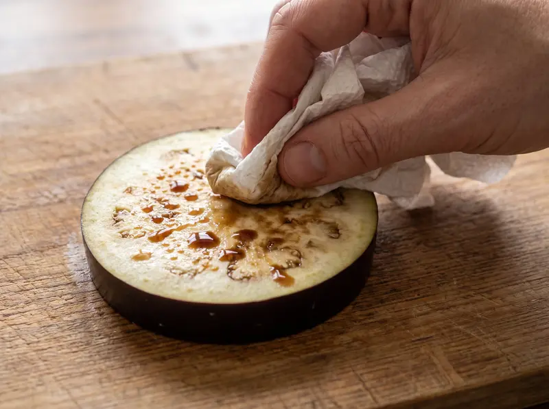 Fetta di melanzana salata per la moussaka su un tagliere di legno, con gocce di succo bruno tamponate con carta da cucina