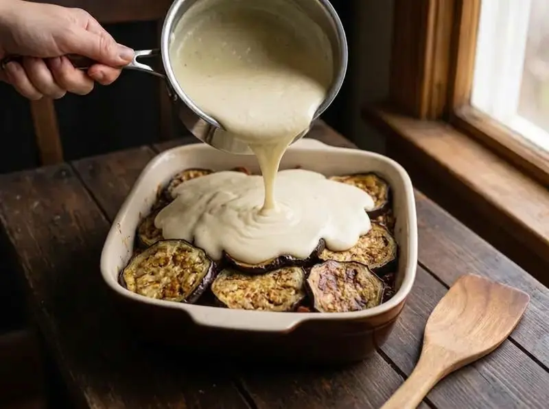 Assemblaggio della moussaka: besciamella versata dal pentolino sull'ultimo strato di melanzane arrostite a fette, in pirofila