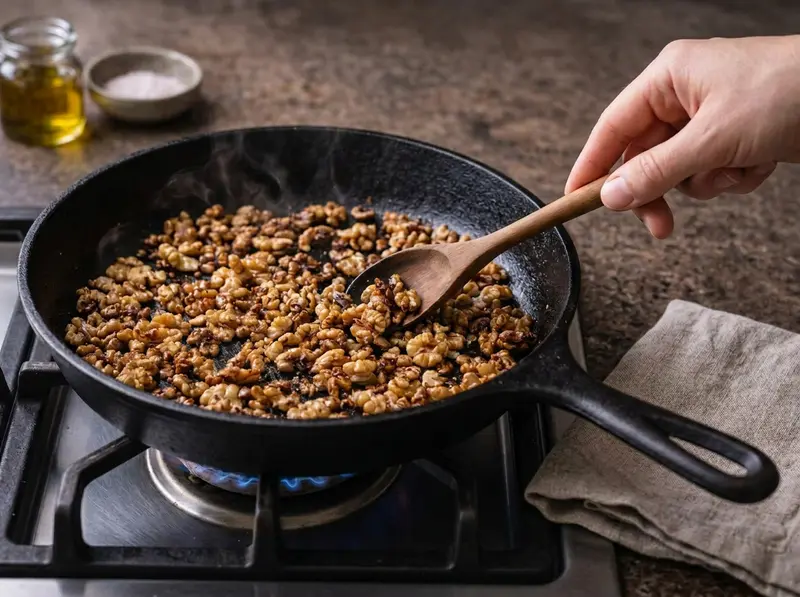 Nueces tostándose en sartén seca para la muhammara, más oscuras y aromáticas