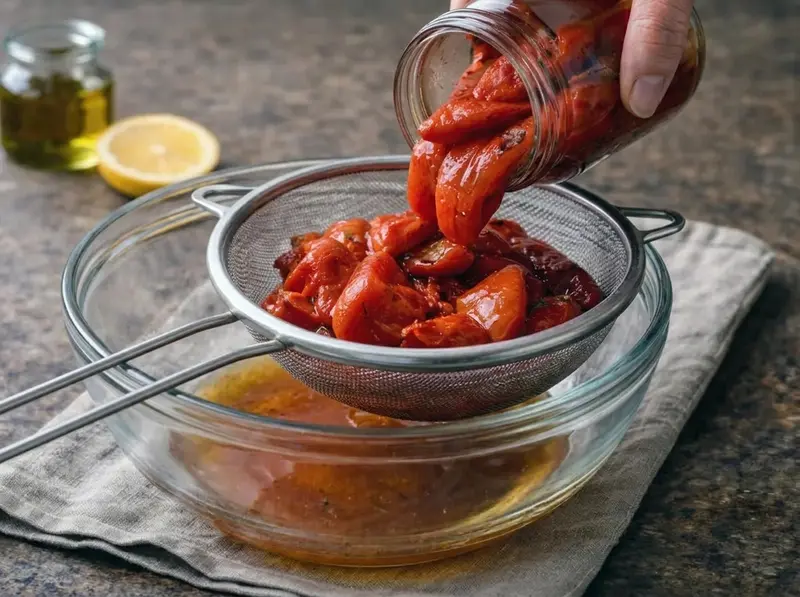 Muhammara: pimientos rojos asados de frasco en un colador de malla sobre un bol de vidrio para escurrir