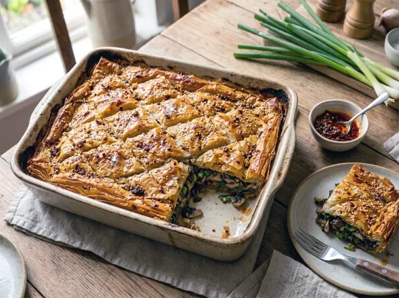 Mushroom, Spring Onion and Chilli Crisp Filo Bake with mixed mushrooms, scallions and chilli crisp — UK recipe