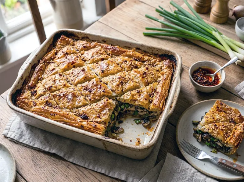 Torta di Filo con Funghi, Cipollotti e Chilli Crisp